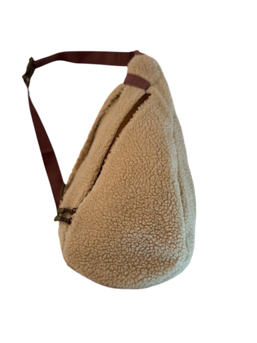 Cozy Sherpa Sling Bag in Beige with Brown Strap